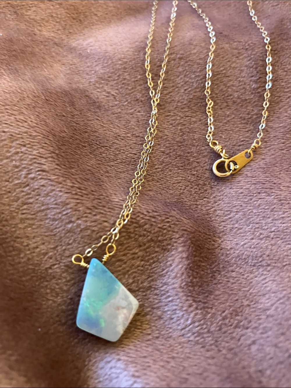 Gold Chain Necklace with Blue-Green Opal Pendant